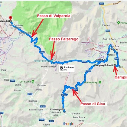 Otrās dienas maršruts ar motorolelri no Camping Dolomiti